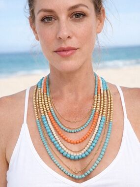 Vintage Style Multi Strand Beaded Necklace Turquoise Coral Gold Tone Layered